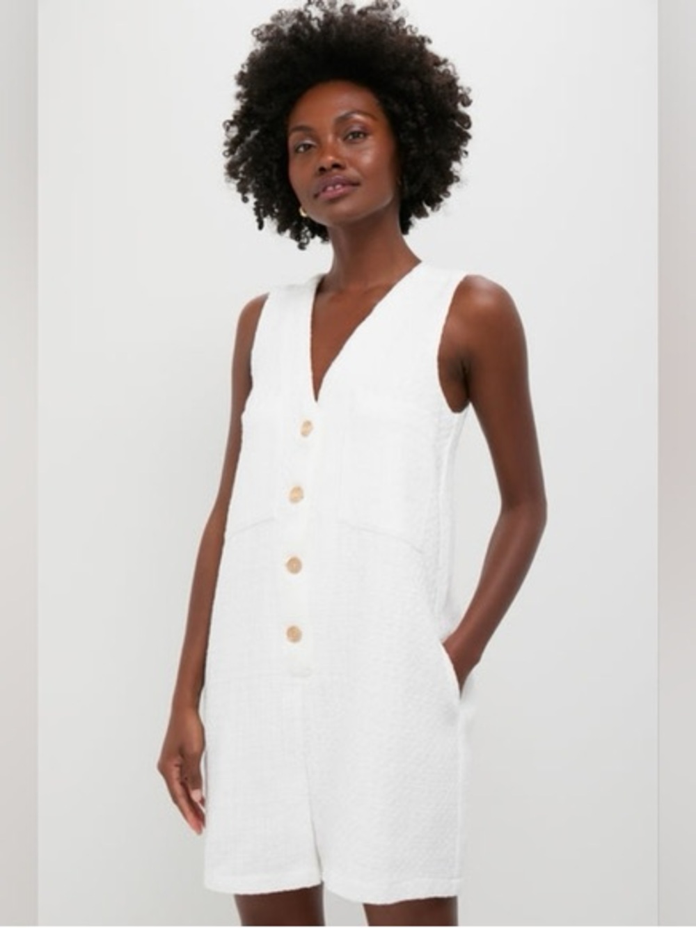 Pomander Place White Textured Tweed V-Neck Gold Button Front Myla Romper